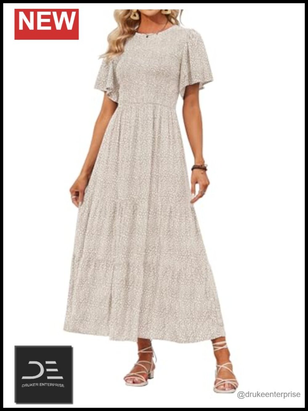 Boho Floral Smocked Short Sleeve Maxi Dress Tiered Ruffle